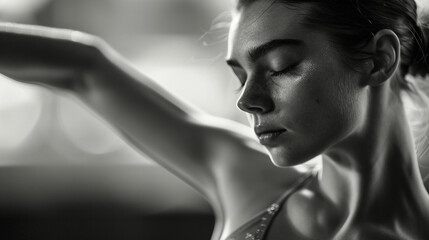 Medium close-up of a ballerina gracefully extending her arm, with her fingertips delicately poised and a serene expression.