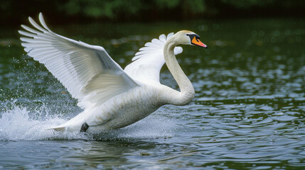 Medium close-up of a swan gliding smoothly across a lake, its wings slightly raised, and the water rippling gently around it.