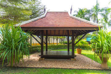 beautiful wooden gazebo in real tropical nature