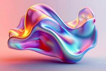 Holographic abstract 3D fluid shape with iridescent colors, showcasing blend of vibrant hues and smooth curves
