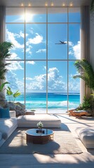 Fototapeta premium Stunning living room with large windows overlooking the ocean and beach view picture