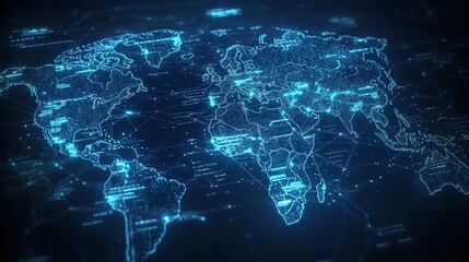 Futuristic digital world map with glowing nodes