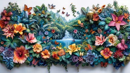 Wide-angle view of puzzle depicting lush tropical rainforest with exotic animals and vibrant foliage, set against clear white background. Nature concept