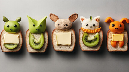 Creative food art featuring five slices of bread topped with kiwi, butter, and colorful fruits, arranged to resemble cute animal characters with various expressions.