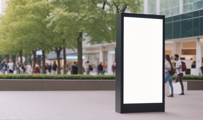 A large blank billboard stands in a city plaza, surrounded by people walking by