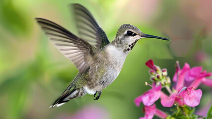 Fototapeta premium Medium close-up of a hummingbird hovering near a flower, its wings fluttering rapidly yet gracefully, capturing the beauty of nature.