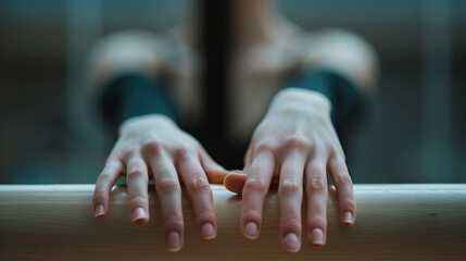 Obraz premium Medium close-up of a ballet dancerâs hands softly resting on a barre, fingers extended in a graceful line, ready for movement.