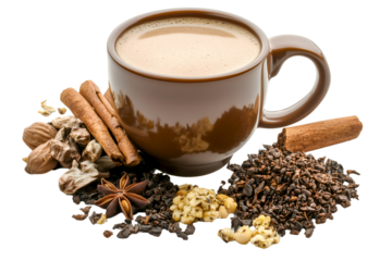 Cup of masala chai surrounded by spices isolated on transparent background for promoting cafes, menus, or recipe blogs, drink advertisements, social media content. Masala, tea with milk and spices
