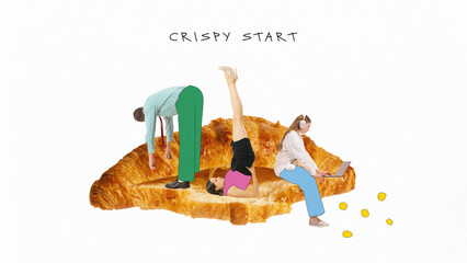 Poster. Contemporary art collage. Crispy Start. People start their day on giant croissant, embracing balance of flexibility and work, while chaos lurks nearby. Concept of business struggle, routine.