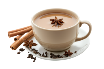 Masala tea with star anise garnish on transparent background for cafe advertising, recipe blogs, restaurant menus, tea ads. Cup of masala chai, traditional Indian tea with milk and spices