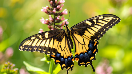Medium close-up of a butterfly landing lightly on a flower, its wings spread wide and fragile, displaying effortless grace.