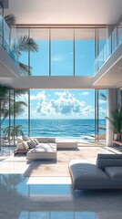 Modern living room with panoramic windows overlooking the ocean and sandy beach picture