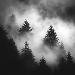 Black and white photo of a foggy forest with tall trees.