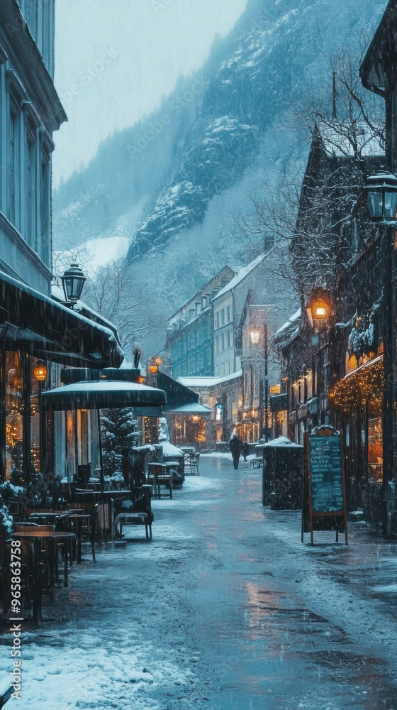 Poster A snowy street with tables and umbrellas on it