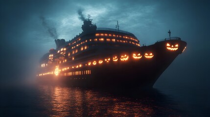Halloween Themed Cruise Ship Sails Through Foggy Waters with Glowing Pumpkin a Spooky and Festive Travel Experience