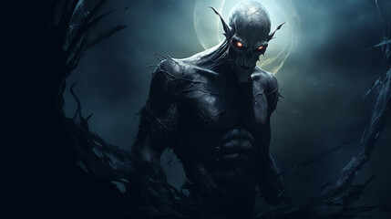 Horrific skeletal figure with glowing eyes standing under a full moon in a dark fantasy scene