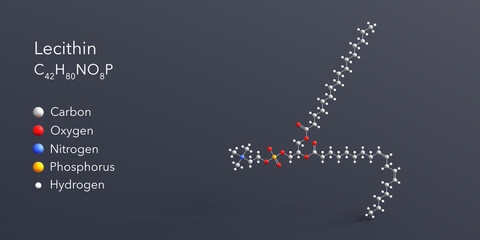 lecithin molecule 3d rendering, flat molecular structure with chemical formula and atoms color coding