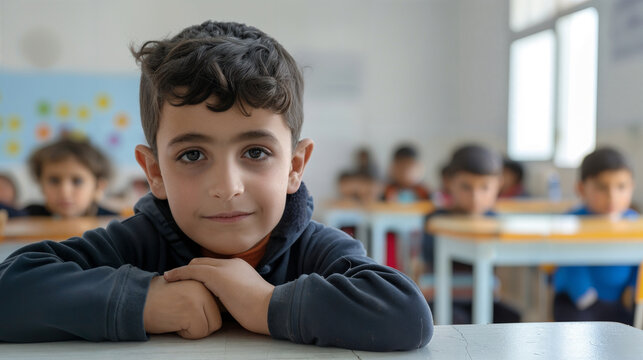 A cheerful young Caucasian boy sits at a desk in a light classroom with a thoughtful expression and friendly smile. Kids go back to school. Children study and learn for preschool.