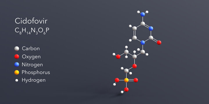 cidofovir molecule 3d rendering, flat molecular structure with chemical formula and atoms color coding