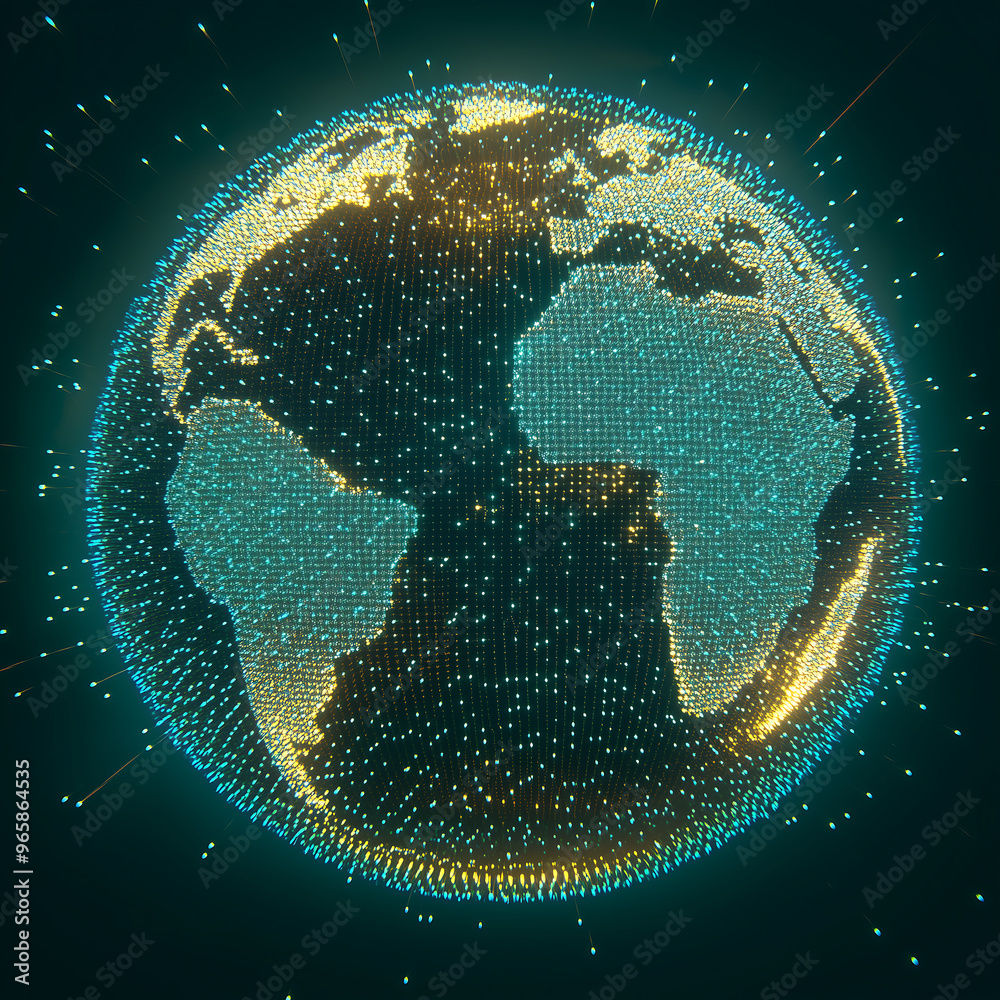 Poster digital globe representation with glowing light particles and data streams