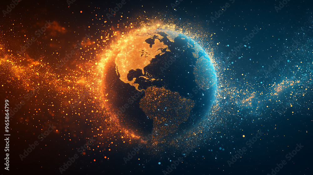 Poster glowing particle earth with fiery data stream in digital space