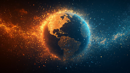 Fototapeta premium Glowing Particle Earth with Fiery Data Stream in Digital Space