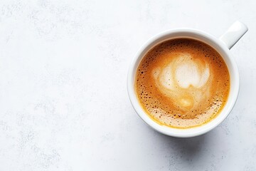 Fresh cup of coffee with heart shape foam on marble