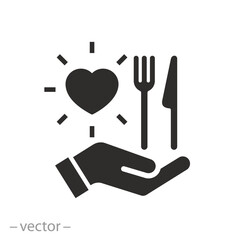 charity hand with meal icon, donate food, service charity volunteer,  share eat concept, need help poor, social aid collect and delivery, flat vector illustration eps10