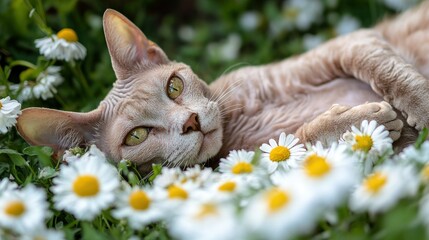 A relaxed cat lies among blooming daisies, capturing a serene moment in nature.