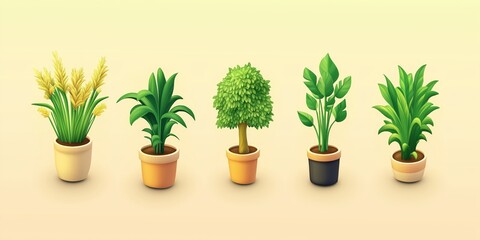 Obraz premium A row of potted plants with different sizes and shapes. The plants are all green and are placed in different sized pots