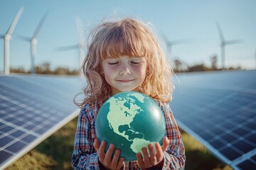A young child holding a globe with Sustainable concept