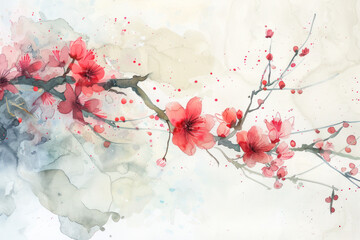 Watercolor painting of cherry blossom branches in vibrant red and pink tones for elegant and decorative designs.	