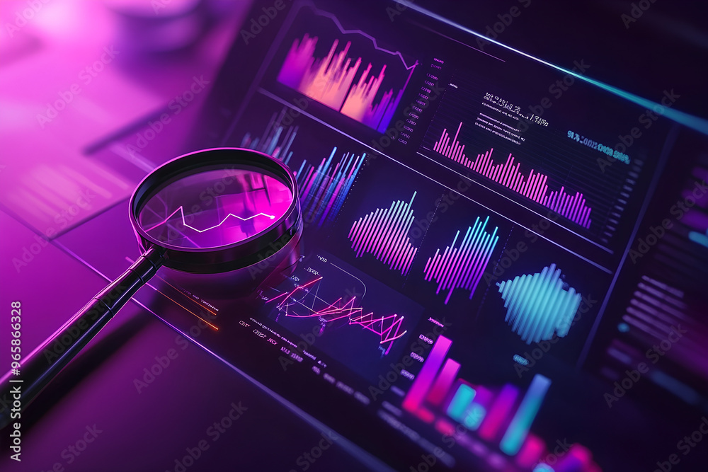 Poster a digital analysis dashboard displaying colorful data visualizations and graphs.
