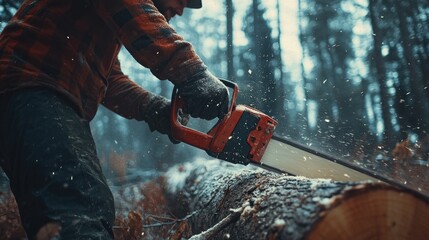 Obraz premium A lumberjack sawing a tree with a chainsaw in the woods, capturing the energy and effort of manual timber work