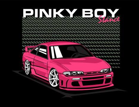 90s automotive design for tees with pink car  color and striped background along with text