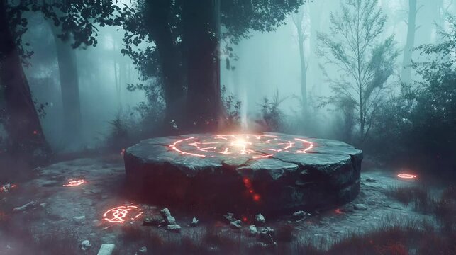 Ancient stone altar in the middle of a dense, foggy forest. Halloween concept, looping 4k video animation background