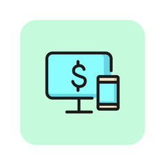 Online payment line icon. Computer screen, mobile, dollar. Shopping concept. Vector illustration can be used for topics like internet, online, shopping