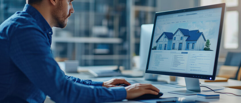 A realtor agency contractor showcases residential property listings on a computer, facilitating online house buying and property development for potential investors.
