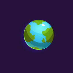 Vector illustration of a glossy planet with green and blue elements in a cartoon style