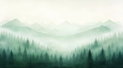 Obraz premium A mountain range with a foggy mist and trees in the foreground