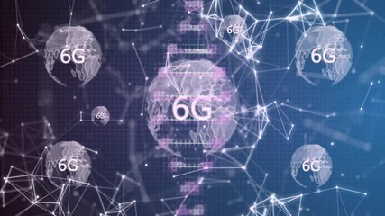 Animation of network of connections over dna strand and globes with 6g on black background - Powered by Adobe