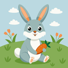 A Rabbit sitting on grass and eating Carrot