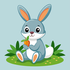 A Rabbit sitting on grass and eating Carrot