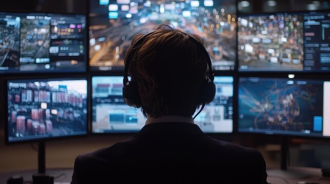 It specialist analyzing world map and data on multiple screens in monitoring room