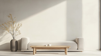 A white couch and coffee table sit in front of a white wall