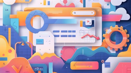 an artistic representation of SEO techniques, featuring keyword research, on-page SEO elements, and link-building strategies, all within a visually appealing search engine landscape
