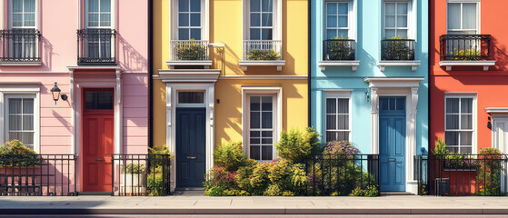 Obraz premium Explore a detailed computer illustration of luxury Georgian terraced homes in historic London, showcasing elegant architecture and urban charm.