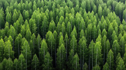 Fototapeta premium Aerial view of dense forest with tall, green trees. Trees are uniformly spaced and form a lush, vibrant green canopy. Scene depicts a natural, untouched ecosystem.