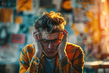 Obraz premium Stressed Young Man with Glasses Holding Head in Artistic Creative Workspace