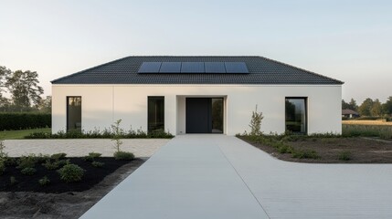 Modern minimalistic house with a solar system on the roof